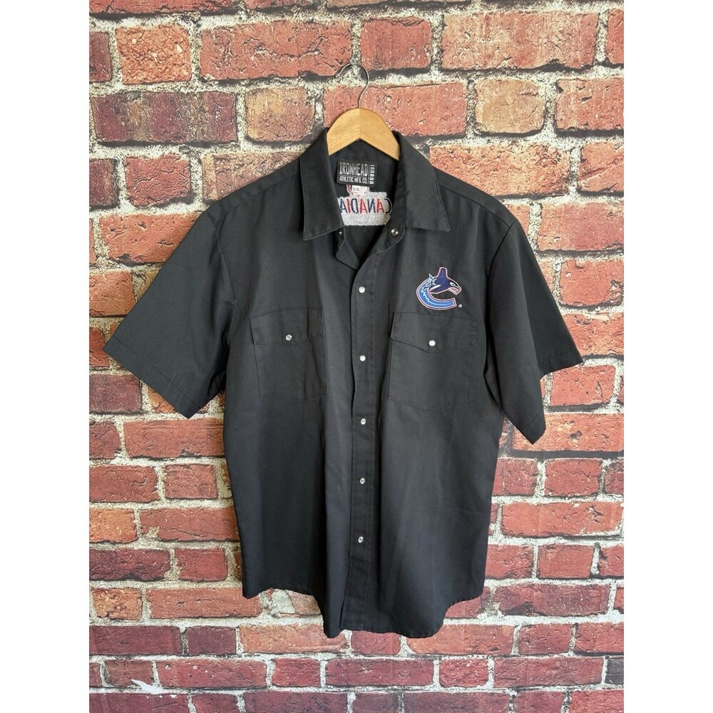 Vintage Ironhead Canadian Mens Black Short Sleeve Button Up Shirt XL Canucks